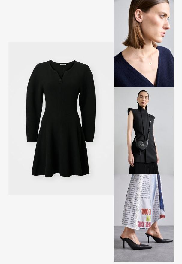 Juodas tinklelis su prigludusia liemeniu, platėjančia sijona ir ilgomis rankovėmis. Suknelė turi Henley tipo iškirptę su vienu mygtuku.; Juodos odinės mules su smailiu pirštu ir stiletto kulnu, derinamos su baltu raštuotu drabužiu, turinčiu šniūruotų detalių.; Juodas be rankovių marškinėlis su struktūrizuotais pečiais, derinamas su juodu odiniu širdies formos per petį nešu įrankiu, turinčiu sidabrinius elementus ir logotipo detales.; Auksinis širdelės formos pakabukas ant plonos grandinėlės, dėvimas su giliu V formos iškirpimu mėlyname megztinyje. Glotni tekstūra, minimalistinis dizainas.