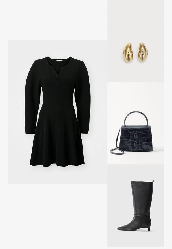 Czarna sukienka z prążkowanego materiału, dopasowana w górnej części, z rozkloszowanym dołem i długimi rękawami. Posiada dekolt henley z jednym guzikiem.; Czarne skórzane kozaki do kolan z ostro zakończonym noskiem, ozdobione okrągłym paskiem wokół kostki oraz niskim, zwężanym obcasem. Gładka tekstura.; Czarna torebka z tłoczonej skóry krokodyla o zorganizowanej konstrukcji, z górnym uchwytem, regulowanym paskiem i wyraźnym detalem z logo z przodu.; Złote kolczyki o płynnej, zakrzywionej formie. Każdy kolczyk ma gładką powierzchnię i mały zapięcie z dekoracyjnym detalem.