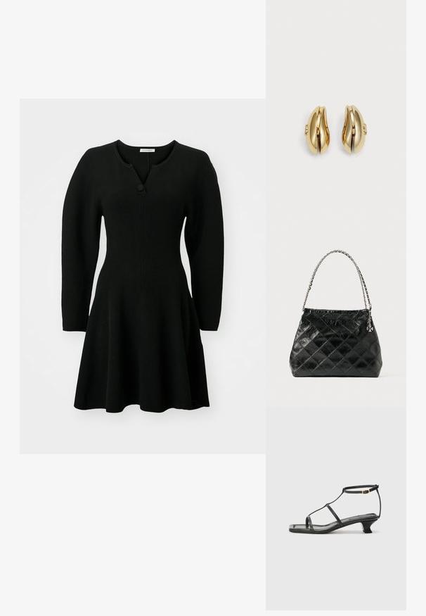 Czarna sukienka z prążkowanego materiału, dopasowana w górnej części, z rozkloszowanym dołem i długimi rękawami. Posiada dekolt henley z jednym guzikiem.; Czarne skórzane sandały z kwadratowym noskiem, cienkimi paskami, regulowanym paskiem przy kostce i niskim obcasem. Oferują mały złoty akcent na pasku.; Czarna pikowana skórzana torebka na ramię z srebrnym łańcuszkiem, o usztywnionej konstrukcji i gładkiej fakturze.; Złote kolczyki o płynnej, zakrzywionej formie. Każdy kolczyk ma gładką powierzchnię i mały zapięcie z dekoracyjnym detalem.