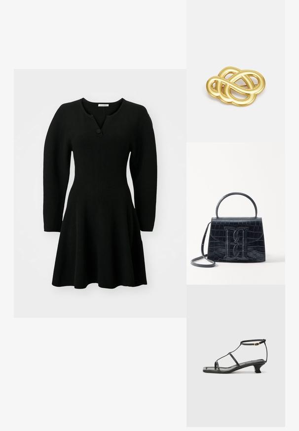 Čierne rebrované šaty s priliehajúcim korzetom, rozšírenou sukňou a dlhými rukávmi. Obsahujú henley výstrih s jedným detailom gombíka.; Čierna kožená sandála so štvorcovou špičkou, tenkými popruhmi, nastaviteľným pásikom okolo členka a nízkym podpätkom. Obsahuje malý zlatý akcent na popruhu.; Čierna kabelka z krokodílovej embosovanej kože so štruktúrovaným dizajnom, horným uchom, nastaviteľným popruhom a výrazným predným logom.; Brošňa v zlatej farbe s uzlovým dizajnom, hladkými, zakrivenými líniami a zložitým tvarom, ktorá odráža leštený povrch.