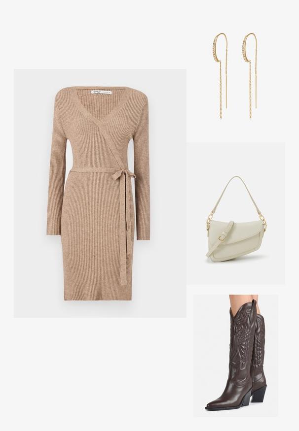 Abito avvolgente a maglia in una tonalità marrone chiaro, con maniche lunghe, scollo a V, texture a costine e vita con laccetto per una vestibilità regolabile.; Stivali da cowboy in pelle marrone con punta affusolata e tacco a blocco, caratterizzati da dettagliati ricami e accenti rialzati sul gambale.; Piccola borsa a tracolla crema con finitura testurizzata, una lunga tracolla regolabile, un accento a catena e chiusura a patta. Dettagli in hardware dorato.; Orecchini a cerchio in oro con una fila di strass trasparenti. Presentano catene pendenti allungate per un design moderno. Finitura in metallo liscia.