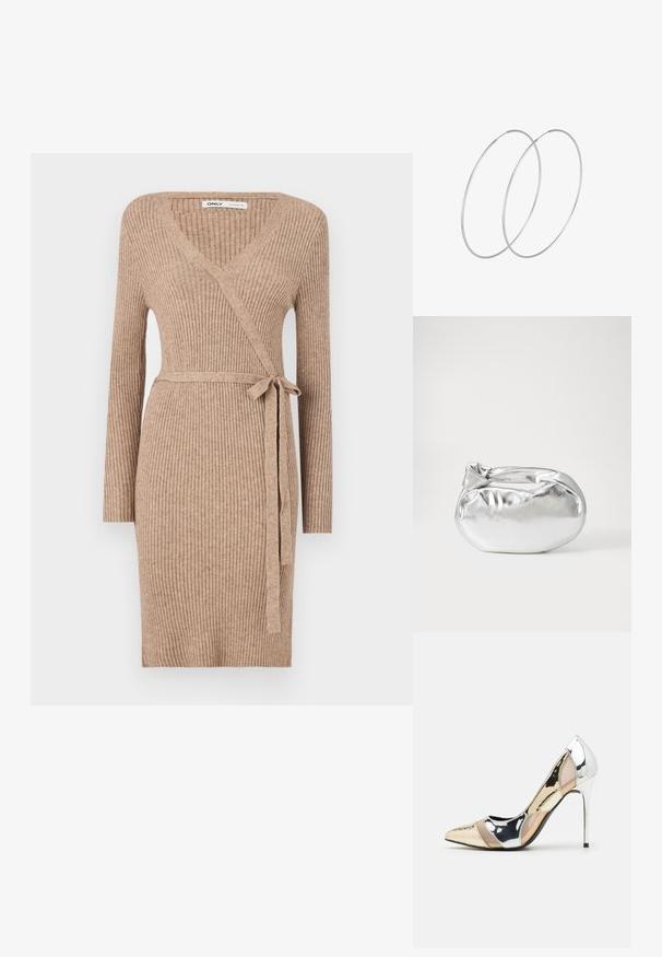 Knit wrap dress in a light brown hue, featuring long sleeves, a V-neck, ribbed texture, and a tied waist for adjustable fit.; Pointed-toe high heel shoe with a silver, gold, and nude color scheme. Glossy finish with cutout design, featuring a stiletto heel.; Silver metallic pouch bag with a soft, rounded shape and a knotted top closure. Made from smooth faux leather material.; Silver hoop earrings with a minimalist design. Circular shape, smooth texture, and thin profile. Lightweight with a polished finish.