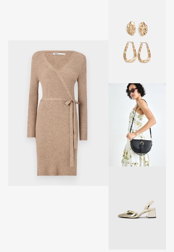 Vestido envolvente tricotado numa tonalidade castanha clara, com mangas longas, decote em V, textura canelada e cintura atada para um ajuste ajustável.; Sapatos de salto alto metálicos dourados, com biqueira em ponta e salto grosso. Textura suave, design minimalista e uma tira estreita.; Bolsa de couro preta com forma curva, alça destacável e detalhes em dourado. A bolsa possui uma aba com detalhe de fivela.; Brincos em tom de ouro com formas onduladas e texturizadas. Inclui studs escultóricos com presilha e um design de argola aberta com um acabamento martelado.