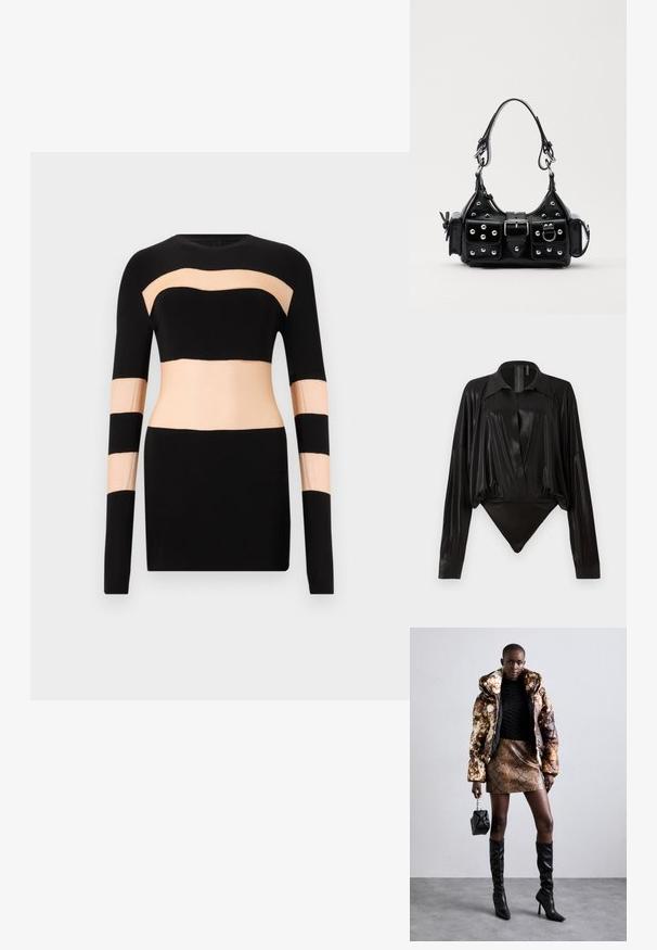 Czarna bluzka z długim rękawem z przezroczystymi, nagimi, poziomymi paseczkami i wycięciami. Elastyczny materiał o dopasowanym kroju, okrągły dekolt.; Czarny bodysuit z długimi rękawami, dekoltem w serek i dopasowanym fasonem. Wykonany z błyszczącego, gładkiego materiału z usztywnionym kołnierzykiem i mankietami.; Kurtka puchowa w brązowo-czarny wzór, w połączeniu z brązową mini spódnicą w wężowy wzór, czarnymi wysokimi kozakami do kolan i małą czarną torebką.; Czarna skórzana torebka w zakrzywionym kształcie, z srebrnymi ćwiekami, klamrą i dwoma bocznymi kieszeniami. Regulowany pasek umożliwiający różne opcje noszenia.