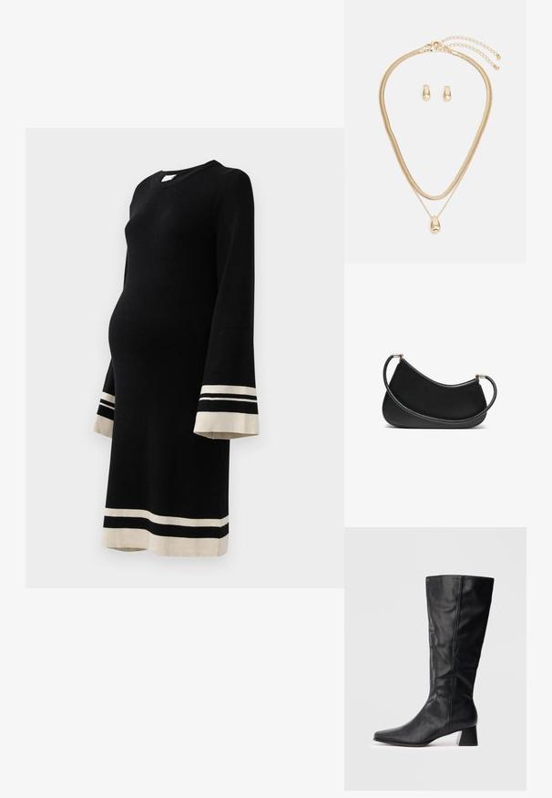 Juoda nėštumo suknelė su vagotais raštais, ilgomis varpelio formos rankovėmis ir kontrastingomis smėlio spalvos juostelėmis rankogaliuose bei apatine dalyje. Klasikinis apvalus iškirpimas.; Juodas odinis vidutinio ilgio botas su smailiu kojų pirštu ir blokuotu kulnu ant vienspalvio šviesaus fono.; Juodas odinis pečių krepšys su išlenktu dizainu, turintis tekstūruotą dirželį ir auksinės spalvos detalėmis viršutinėje užtrauktuko dalyje. Lygi apdaila.; Auksinis papuošalų komplektas, kuriame yra sluoksniuota karoliai su ašaros formos pakabuku ir atitinkamos stud auskarai, visi su blizgiu paviršiumi.