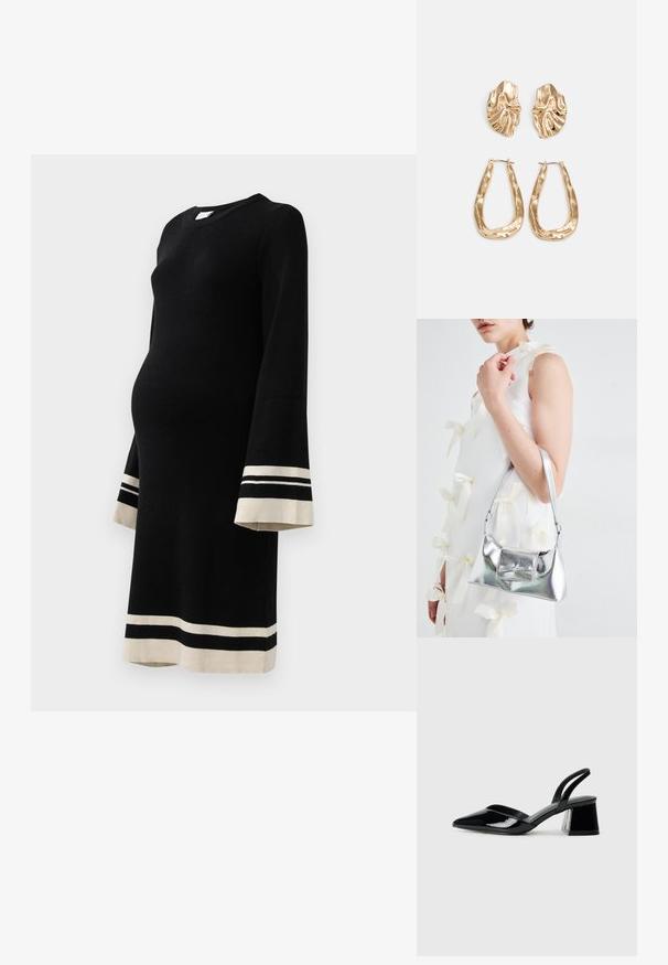 Vestido de maternidade preto com textura canelada, mangas longas em forma de sino e riscas beje contrastantes nas mangas e na barra. Gola clássica em formato de tripla.; Sandy em verniz preto com salto slingback, ponta afilada e salto geométrico. Apresenta um design elegante e minimalista com textura suave.; Bolsa metálica prateada com uma forma estruturada, apresentando uma alça superior e um detalhe de laço na frente. Textura suave, acabamento reflexivo.; Brincos em tom de ouro com formas onduladas e texturizadas. Inclui studs escultóricos com presilha e um design de argola aberta com um acabamento martelado.