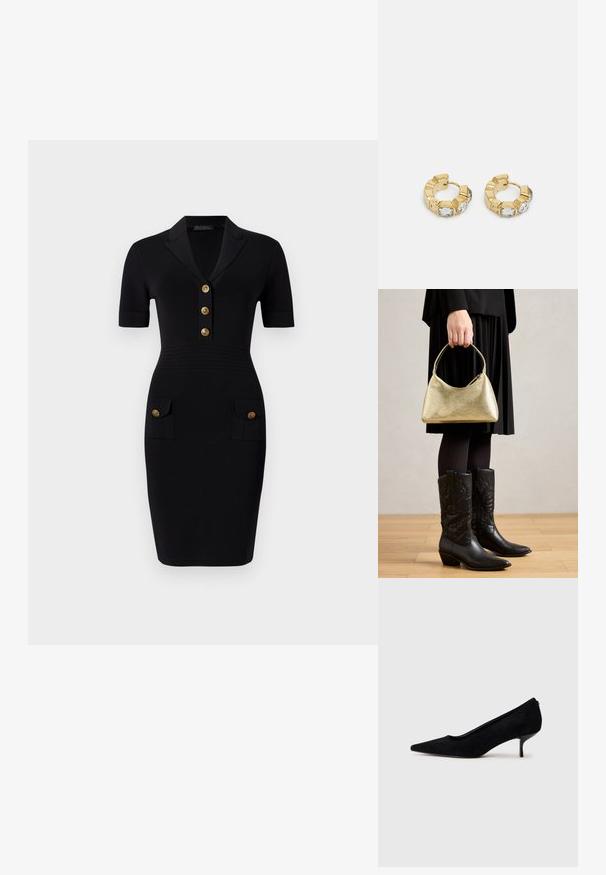 Vestido preto justo com mangas curtas, gola tipo colarinho, cinco botões dourados e dois bolsos frontais com botões combinando. Textura de tecido suave.; Sapato de salto alto em camurça preta com bico afunilado e salto baixo e fino. Textura suave com um design elegante, apresentando nenhum hardware visível.; Bolsa de mão texturizada em dourado com uma forma curva e alça curta, segurada por uma pessoa que usa uma saia plissada preta e botas de cowboy pretas em couro.; Brincos de argola dourados com um design texturizado e três cristais transparentes em um lado, oferecendo uma estética geométrica moderna.
