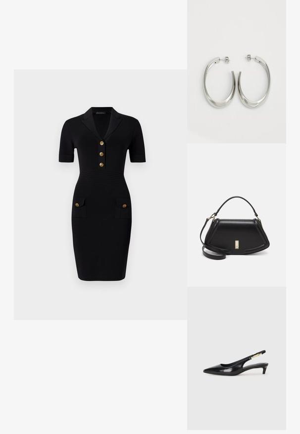 Musta istuva mekko lyhyillä hihoilla, kauluksellinen pääntie, viisi kultakupua ja kaksi etutaskua vastaavilla napeilla. Sujuva kankaan rakenne.; Mustat nahkaiset slingback-korkokengät, joissa on terävä kärki, ohuet korot ja kultasävytteinen yksityiskohta säädettävässä hihnassa. Silkkinen pinta.; Mustalla nahkalaukulla, jossa on jämäkkä muotoilu, lyhyt malli, yläkahva ja kultaiset yksityiskohdat. Säädettävä olkahihna sisältyy.; Hope hopeista, joissa on sileä, kaareva muotoilu. Varustettu kiiltävällä metallipinnoitteella ja nappikiinnityksellä. Ei näkyviä kuvioita tai koristeluja.