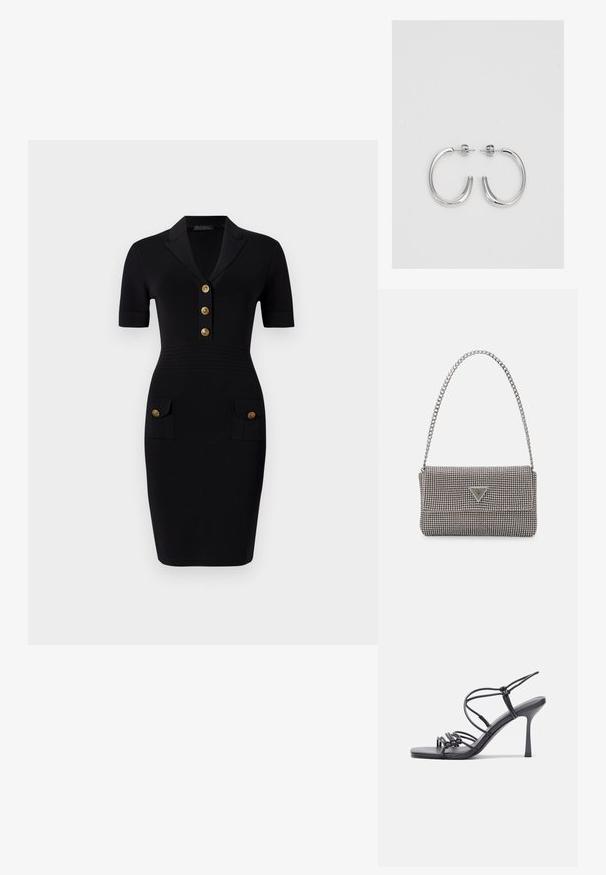 Must mustriga kleit lühikeste varrukatega, krae kaelus, viis kuldset nööpi ja kaks esist pocketit sobivate nööpidega. Sile kangastekstuuri.; Mustad musta värvi kontsandaalid on varustatud peente rihmadega, millel on sõlmekujundus, siledad ruudukujulised varbad ja stiilne stilettokonts.; Helehall metallik handbags, millel on kett, kaunistatud väikeste ümmarguste metallist õmblustega ja kolmnurkse brändi logoga.; Hõbedased rõngaskõrvarõngad, millel on sile ja läikiv pind. Ümar kuju, kerge disain, millel on post-tagumise kinnituse süsteem.