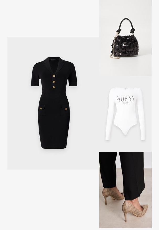 Juoda prigludusi suknelė su trumpomis rankovėmis, apykaklės iškirpte, penkiais auksiniais mygtukais ir dviem priekiniais kišenėmis su atitinkančiais mygtukais. Sklandi audinio tekstūra.; Baltos ilgomis rankovėmis bodis su apvaliu iškirpimu. Priekyje juodu spalva yra atspausdinta "GUESS" logotipas ir "EST.1981". Lygus paviršius.; Smėliniai aukštakulniai bateliai su tekstūruotu audiniu, kuriame yra pasikartojanti tekstūra. Išgaubtas pirštas, su užpakaline akcentu ir auksiniu kulno detaliu.; Juodas blizgučių mini rankinukas su mazguotu tekstūruotu dirželiu ir sidabro grandine. Suapvalinta forma su susiraukšlėtopu ir atspindinčiomis detalėmis.