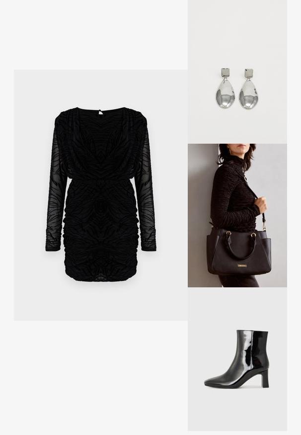 Rochie neagră cu mâneci lungi, din material transparent și textură pliată. Prezintă un decolteu drapat și un corp pliat, creând o siluetă potrivită.; Botine negre din piele lacuită, cu vârful ascuțit și toc bloc de înălțime medie. Textură netedă și design minimalist.; Geantă de umăr neagră cu suprafață texturată, cu două mânere superioare și curea de umăr ajustabilă. Dispune de accesorii metalice de culoare aurie și buzunare laterale.; Cercei din argint cu stud pătrat, având un finisaj neted și lustruit, într-o formă de lacrimă, care reflectă lumina cu o suprafață lucioasă.