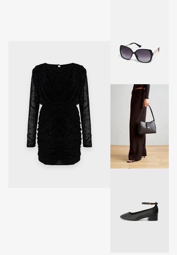Svart kjole med lange, gjennomsiktige ermer og en samlet tekstur. Har en drapert halslinning og en rynket kroppsdel, som skaper en tettsittende silhuett.; Sorte skinnpumper med spiss tå og lav blokkhelt. Har ankelrem med gullfarget spenne. Glatt tekstur.; Sorte oversized solbriller med gradient linser, tykke rammer og detaljering med gulltonekjede på tempelarmene.; Svart håndveske med strukturert form, jevn tekstur og metallisk lås. Kombinert med brede svarte bukser og sandaler med åpen tå på tregulv.