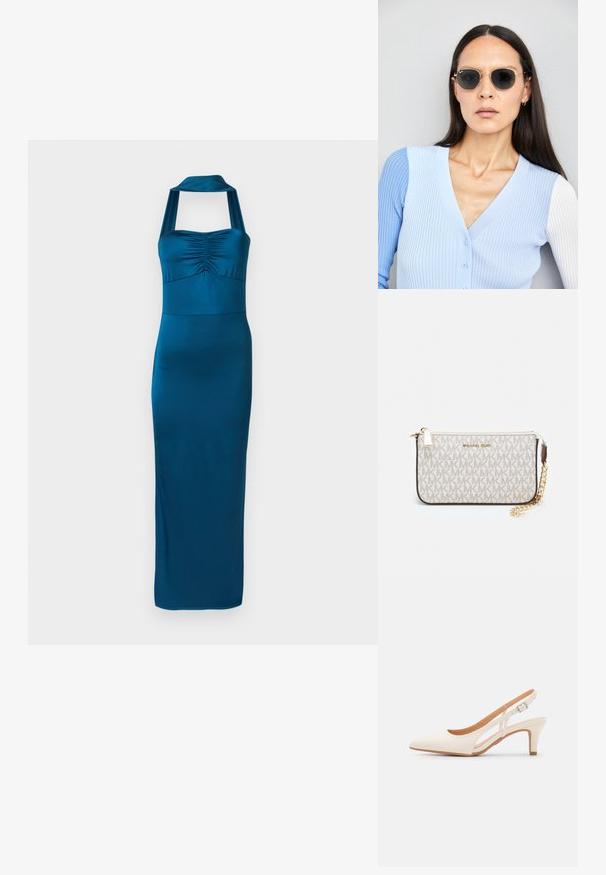 Dlouhá tyrkysová halter šaty s nařaseným korzetem a přiléhavou sukní až na zem. Vyrobeno z hladkého, elastického materiálu s elegantním vzhledem.; Bílé lodičky na podpatku s špicatou špičkou, hladkým svrškem, nízkým blokovým podpatkem a designem s bočním výřezem se stahovací sponou.; Kulaté sluneční brýle s tmavými čočkami a zlatými rámy. Modelka má na sobě světle modrý žebrovaný kardigan s knoflíky a kontrastními bílými rukávy.; Kabelka na zápěstí Michael Kors v béžové potažené plátno s opakujícím se vzorem loga MK, zlatými kovovými doplňky a odnímatelným řetízkovým popruhem.