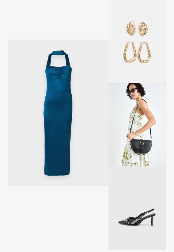 Türkiz pántos ruha fodros felsőrésszel és testhez simuló, földig érő szoknyával. Simító, elasztikus anyagból készült, amely elegáns megjelenést kölcsönöz.; Fekete lakk bőr, hegyes orrú slingback cipő, boka pántokkal, ezüst csatokkal és hardverelemekkel, valamint karcsú sarkú.; Fekete bőrtáska ívelt formával, levehető pánttal és arany színű fémrészekkel. A táskán egy csattal díszített fedél található.; Aranyszínű fülbevalók, texturált, hullámos formákkal. Tartalmazza a szobrászati klipszes studokat és az open hoop kialakítást, kalapácsos felülettel.