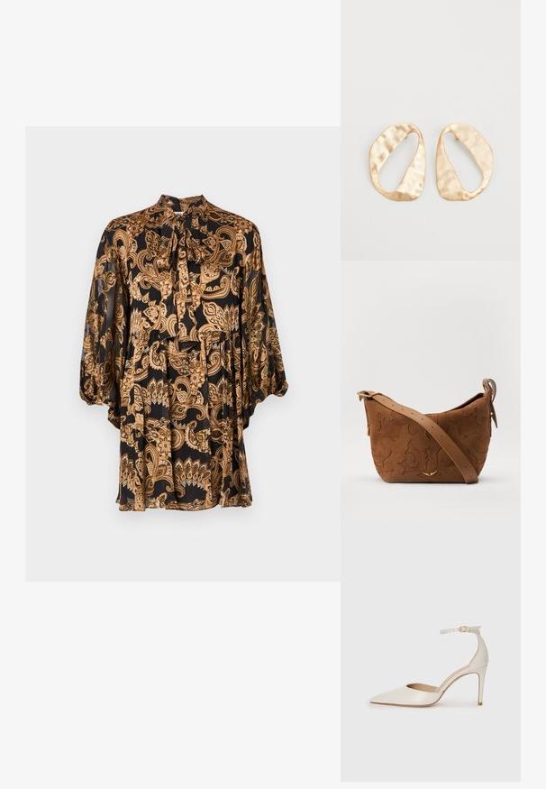 Mustapaitainen, jossa on kultainen paisley-kuvio, solmittava kaulus, pitkät hihat ja pehmeä, kevyt kangas; virtaava muotoilu löysällä istuvuudella.; Valkoinen nahkainen korkokenkä, jossa on terävä kärkinen muoto, nilkkaremmi ja kapea korko. Suora pinta, jossa on hienovarainen kiiltävä viimeistely.; Ruskea mokkasiiniolkalaukku, jossa on kohokuvioitu kukkakuvio, jota täydentävät sileä ruskea nahkaremmi ja kultasävyiset yksityiskohdat.; Pari epämuodostuneita soikeita kultasävyisiä metallikorvakoruja, joissa on teksturoitu, hieman hakattu pinta valkoista taustaa vasten.