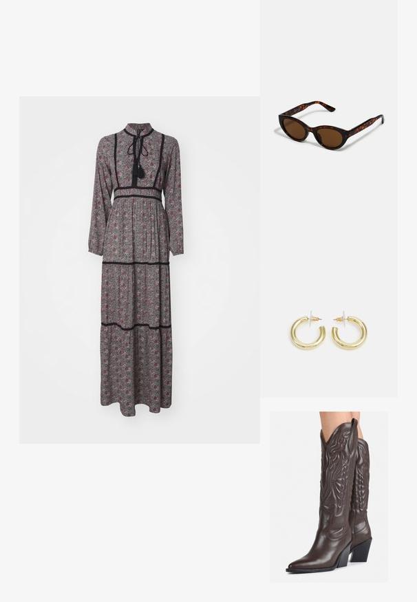Vestido maxi em tecido cinza com padrão floral em bordô e verde. Gola alta, mangas longas, cintura ajustada com pregas e detalhes em preto.; Botas de cowboy em couro castanho com bico pontudo e salto quadrado, apresentando costuras detalhadas e realces elevados no cano.; Óculos de sol tortoiseshell castanhos com um formato vintage de olho de gato e lentes castanhas. Apresenta braços curvados com acentos vermelhos.; Brincos em argola dourados com um acabamento liso e brilhante. Design circular com um pequeno pino e suporte transparente para um uso seguro.