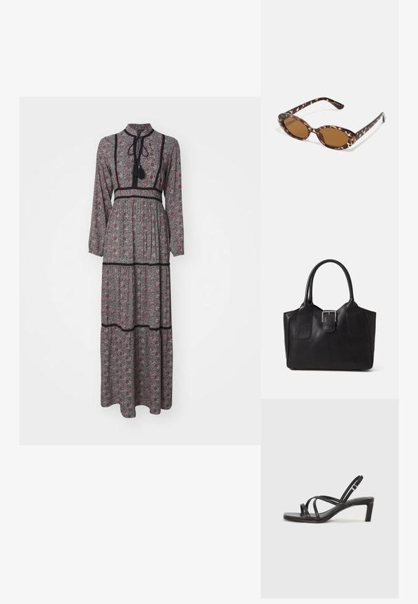 Maxi sukienka w szarym materiale z kwiatowym wzorem w kolorze burgundowym i zielonym. Wysoki kołnierz, długie rękawy, talia podkreślona, tiule i detale w czarnym kolorze.; Czarne sandały na obcasie z prostokątnym noskiem i niskim słupkowym obcasem. Posiadają wiele cienkich pasków i regulowany pasek na kostkę. Wykonane z gładkiej skóry.; Okulary przeciwsłoneczne w kolorze tortoise z owalnymi soczewkami, brązowymi w odcieniu, cienkimi ramionami z teksturowanym wzorem, lekką plastikową oprawką.; Czarna skórzana torba tote o gładkiej fakturze, usztywnionym kształcie, dwóch uchwytach oraz wyraźnym srebrnym zapięciu na przodzie.; Srebrna obrączka podwójna z gładką, polerowaną powierzchnią. Posiada płynny, zakrzywiony kształt z nakładającymi się sekcjami, co nadaje nowoczesny wygląd.