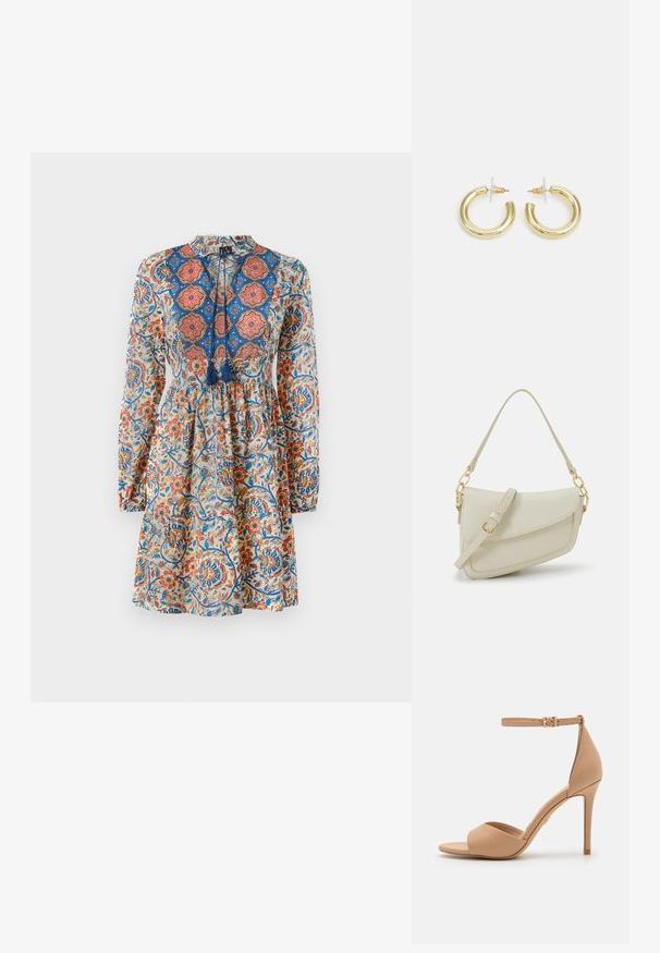 Virágmintás ruha hosszú ujjakkal, magas nyakkivágással és húzózsinóros részlettel. A színek között szerepel a kék, narancs és krém.; ALDO CRERIDE PILLOW WALK - Szandálok - beige; Kis krémszínű táska texturált felülettel, hosszú, állítható pánttal, láncos díszítéssel és fedéllel záródik. Aranyszínű fém részletek.; Arany fülbevalók sima, fényes felülettel. Kör alakú dizájn, amely kis kapoccsal és átlátszó tartozékkal rendelkezik a biztonságos viselés érdekében.