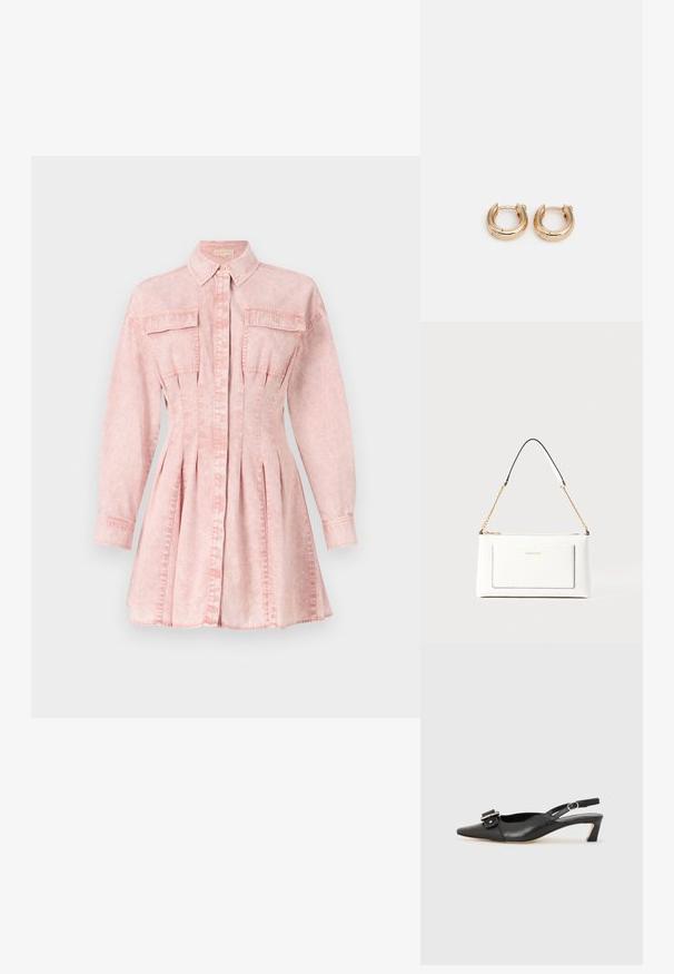 Rózsaszín farmeringruha hosszú ujjakkal, gallérral, gombos záródással, két mellzsebbel és redőzött szoknyadísszel a karcsúbb sziluett érdekében.; Fekete bőr szandál kis sarkú, hegyes orral, díszes csattal a felsőrészen. Simább textúra, minimalista design.; Fehér bőr kézitáska, texturált felülettel, arany lánccal és fekete részletekkel. Elülső zsebbel és cipzáros zárással rendelkezik.; Arany fülbevalók polírozott felülettel, vastag, kör alakú kialakítással és biztos zárómechanizmussal. Simább textúra és fényes megjelenés.