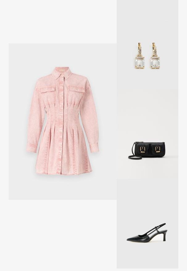 Rozā denima krekla kleita ar garām piedurknēm, apkakli, pogu aizdari, divām krūšu kabatām un plisētu svārku detaļu, nodrošinot pieguļošu siluetu.; Melna patent āda ar slīdošo papēdi un smailo purngalu, ar teksturētu čūsku drukājumu, regulējamu siksniņu un īsu teksturētu blokpapēdi.; Melnas ādas crossbody soma ar divām priekšējām kabatām, zelta sprādzēm, ar rāvējslēdzēju aizdari un šauru siksnu. Strukturēta virsma un kompakta taisnstūra forma.; Zeltītas auskaru rotas, kuru centrā ir taisnstūra formas caurspīdīgs kristāls, kas karājas zem mazu, apaļu caurspīdīgu akcentu rindas. Elegants, mūsdienīgs dizains.