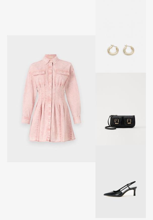 Różowa sukienka koszulowa z denimu, z długimi rękawami, kołnierzykiem, zapięciem na guziki, z dwiema kieszeniami na piersi oraz plisowanym dołem, podkreślająca sylwetkę.; Czarne lakierowane czółenka na obcasie typu slingback z wąskim noskiem, z teksturowanym wzorem wężowym, regulowanym paskiem oraz krótkim, teksturowanym obcasem w kształcie słupka.; Czarna skórzana torba na ramię z dwoma przednimi kieszeniami, złotymi klamrami, zamkiem błyskawicznym i cienkim paskiem. Teksturowana powierzchnia i kompaktowy prostokątny kształt.; Lauren Ralph Lauren BASIC SMALL HOOP - Kolczyki