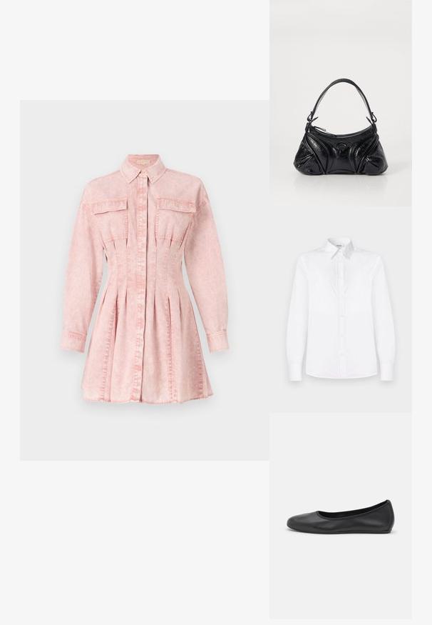 Ružová džínsová košele s dlhými rukávmi, golierom, zapínaním na gombíky, dvoma náprsními vreckami a skladanou sukňou pre priliehavý siluet.; Biela košeľa s dlhými rukávmi vyrobená z hladkej látky, s golierom a predným zapínaním na svetloružové gombíky.; Čierne kožené baleríny s okrúhlou špičkou, hladkým povrchom, minimálnym prešívaním a flexibilným dizajnom podrážky.; Čierna kabelka z textúrovanej kože s okrúhlym tvarom. Má tenký ramenný popruh a dekoratívne embosované vzory.