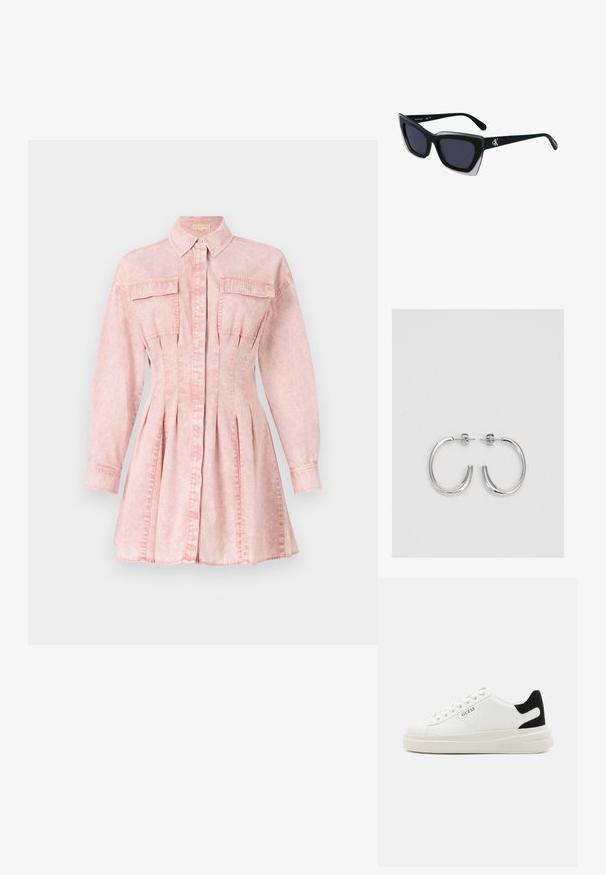 Roosa teksakleit pikka varrukaga, krae, nööpide sulgemine, kaks rinna-taskut ja volditud seeliku detail, mis loob vormitud silueti.; Valged nahast tennisetossud paksu valge tallaga, musta sametist kontsakeeuga ja külje peal riigilogo reljeefne kujundus. Lukkeskeem kuue silmaauguga.; Mustad suured mustad prillid geomeetrilise kujuga, tumedate läätsedega ja kontrastse halli detailiga raamidel. Logo käe peal.; Hõbedased rõngaskõrvarõngad, millel on sile ja läikiv pind. Ümar kuju, kerge disain, millel on post-tagumise kinnituse süsteem.