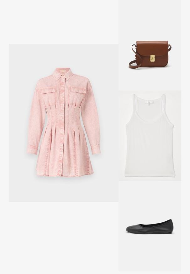 Różowa sukienka koszulowa z denimu, z długimi rękawami, kołnierzykiem, zapięciem na guziki, z dwiema kieszeniami na piersi oraz plisowanym dołem, podkreślająca sylwetkę.; Biała bezrękawnikowa bluzka wykonana z miękkiego, żebrowanego materiału; posiada cienkie ramiączka oraz okrągły dekolt, metka głosi "FRAME".; Czarne skórzane baletki z zaokrąglonym noskiem, gładką fakturą, minimalnymi przeszyciami i elastycznym designem podeszwy.; Brązowa skórzana torebka na ramię z klapką, złotymi detalami, paskiem na ramię i gładką teksturą. Kompaktowy prostokątny kształt.