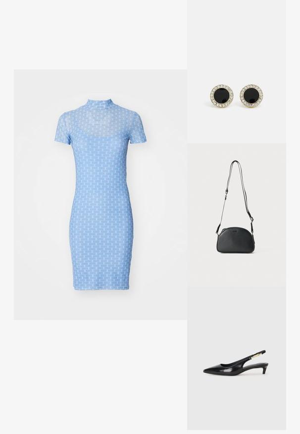 Dehnbares, kurzärmliges Kleid in Hellblau mit einem zweifarbigen Karomuster. Es hat einen hohen Kragen und eine figurbetonte Silhouette.; Schwarze Leder-Slingback-Pumps mit spitzem Schuhblatt, ausgestattet mit einem schlanken Absatz und einem goldfarbigen Akzent am verstellbaren Riemen. Glatte Textur.; Schwarze Leder-Umhängetasche mit runder Form, zwei verstellbaren Trägern und einem dezenten Logo auf der Vorderseite. Strukturierte Außenseite, minimalistisches Design.; DKNY INLAY STUD - Ohrringe - black/gold-coloured