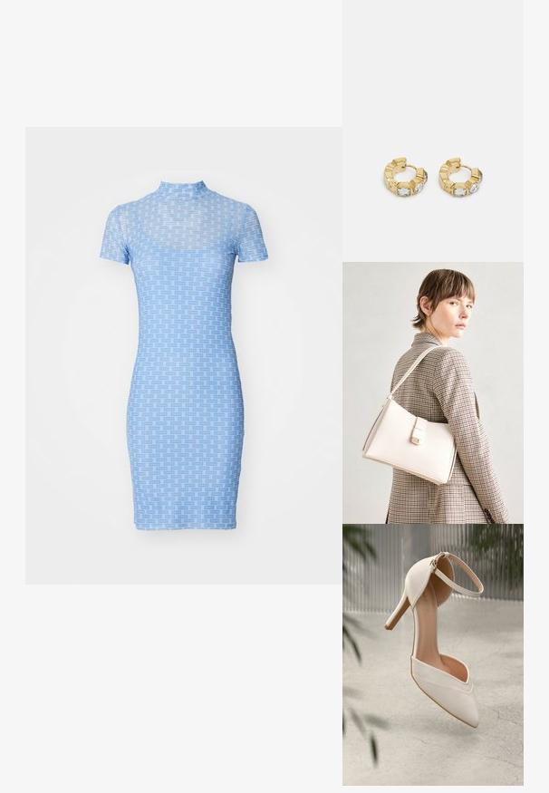Dehnbares, kurzärmliges Kleid in Hellblau mit einem zweifarbigen Karomuster. Es hat einen hohen Kragen und eine figurbetonte Silhouette.; Weiße High Heels aus glattem Material mit spitzem Schuhschild und Knöchelriemen. Mit einem hellbraunen Innenleben und goldfarbener Hardware-Akzentuierung.; Weiße Lederhandtasche mit strukturiertem Design, ausgestattet mit einem Magnetverschluss und einem Schulterriemen, präsentiert vor einem neutralen Hintergrund.; Goldene Creolen mit einem strukturierten Design und drei klaren Kristallakzenten auf einer Seite, die eine moderne geometrische Ästhetik bieten.