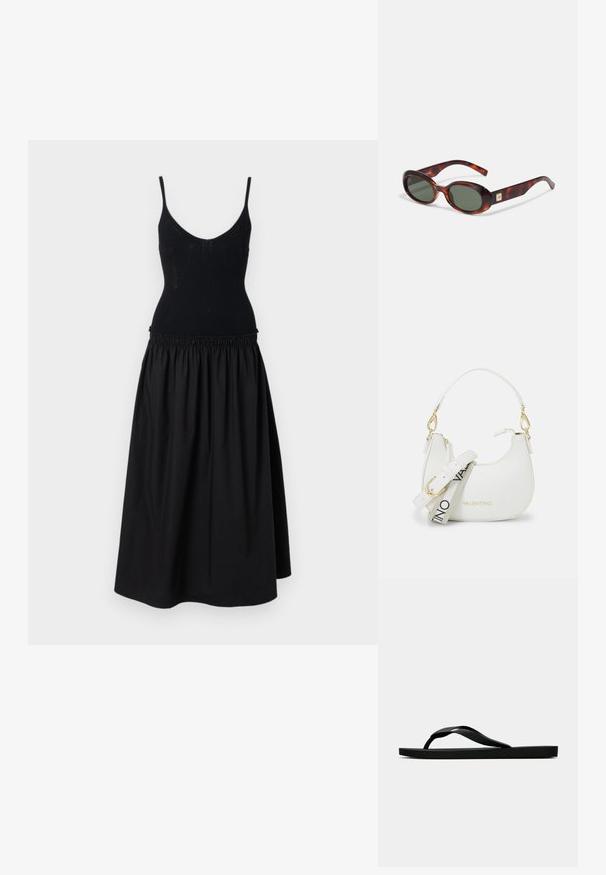 Svart kjole med en tettsittende, ribbet overdel med tynne stropper og en utsvakt, samlet skjørt. Stoffet er glatt med en matt overflate.; Svarte gummiflip-flopsandaler med en teksturert stropp og enkel flat såle, vist fra siden på en enkel lys bakgrunn.; Skilpaddeskalls solbriller med mørke linser, oval form og brede stenger. Har en liten gullakcent på siden. Glatt plastikmateriale.; Hvit håndveske med en buet silhuett, teksturert lær, gullfarget hardware, og en avtagbar stropp med logo og spenne-detaljer.