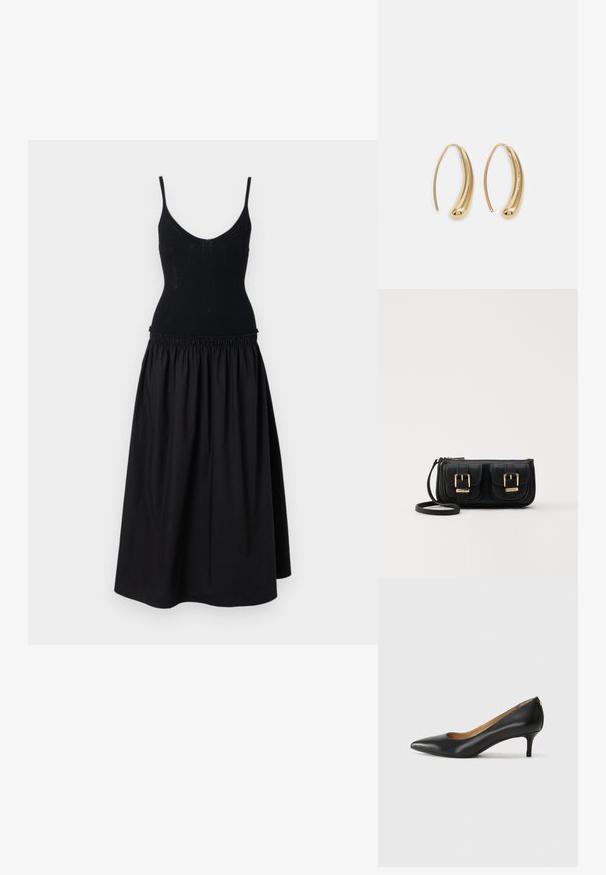 Schwarzes Kleid mit einem taillierten, gerippten Oberteil, dünnen Trägern und einem schwingenden, gerafften Rock. Der Stoff ist glatt mit einem matten Finish.; Schwarzer Lederpumps mit spitzem Zehenbereich, niedrigem Absatz und glatter Textur. Verfügt über eine leichte Öffnung an der Vorderseite und minimale Beschläge an der Rückseite.; Schwarze Leder-Umhängetasche mit zwei vorderen Taschen, goldenen Schnallen, Reißverschluss und einem schmalen Tragegurt. Texturierte Oberfläche und kompakte rechteckige Form.; Goldfarbene Metall-Hoops mit einer geschwungenen, länglichen Form. Sie verfügen über eine glatte, glänzende Oberfläche und eine abgerundete Spitze für zusätzliche Details.