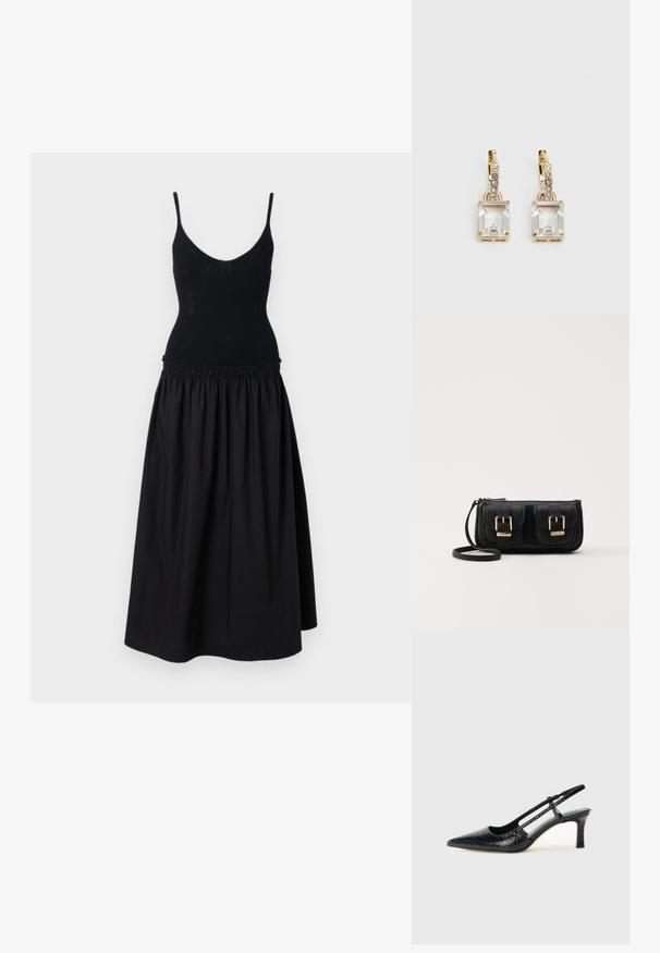 Schwarzes Kleid mit einem taillierten, gerippten Oberteil, dünnen Trägern und einem schwingenden, gerafften Rock. Der Stoff ist glatt mit einem matten Finish.; Schwarze Lack-Slingback-Pumps mit spitzem Zehenbereich, versehen mit strukturiertem Schlangenprint, verstellbarem Riemen und einem kurzen, strukturierten Blockabsatz.; Schwarze Leder-Umhängetasche mit zwei vorderen Taschen, goldenen Schnallen, Reißverschluss und einem schmalen Tragegurt. Texturierte Oberfläche und kompakte rechteckige Form.; Ohrringe in Goldfarbe mit einem rechteckigen, durchsichtigen Kristall, der unter einer Reihe kleiner, runder klarer Akzente hängt. Elegantes, modernes Design.