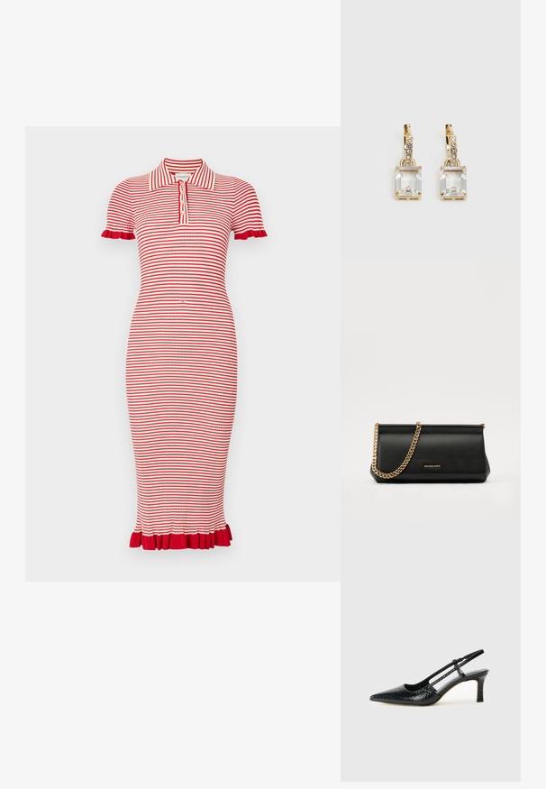 Červeno-bílý pruhovaný polo šaty s krátkými rukávy, s jemnou texturou a volány na rukávech a ve spodní části. Pěti knoflíková léga.; Černé lakované slingback podpatky s špičatou špičkou, zdobené texturovaným hadím vzorem, nastavovacím páskem a krátkým texturovaným blokovým podpatkem.; Černá kožená psaníčko s zlatým řetízkem, vyznačující se hladkým povrchem, obdélníkovým tvarem a reliéfním logem na přední straně.; Náušnice ve zlatém odstínu s obdélníkovým, průhledným krystalem zavěšeným pod řadou malých, kulatých průhledných akcentů. Elegantní, moderní design.