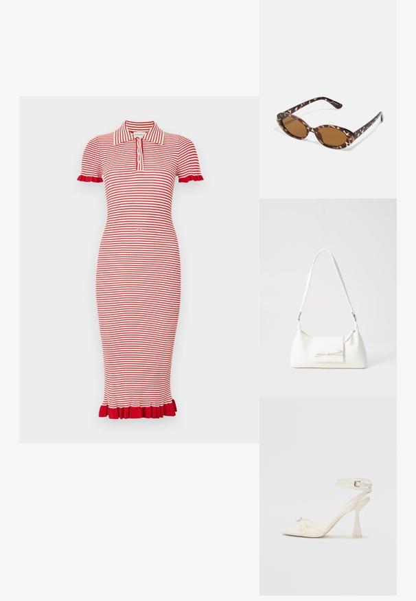 Sarkans un balts svītrots polo kleita ar īsajām piedurknēm, piedāvājot ribotu tekstūru un plandošus akcentus uz piedurknēm un apakšmalu. Ar piecu pogu aizdari.; Balti ādas striķu augstpapēžu sandales ar elegantu dizainu, caurspīdīgu blokveida papēdi un dekoratīvu elementu pirksta daļā.; Tortoiseshell saulesbrilles ar ovālu stiklu, brūnganiem toņiem, plāniem rokām ar faktūras rakstu, viegla plastmasas apmale.; Balta sintētiska soma ar trīsstūrveida formu, plakanu priekšējo vāciņu un loku detaļu, regulējamu siksnu, gludu tekstūru un minimālistisku dizainu.