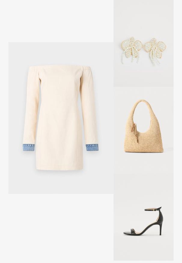 Rochie off-the-shoulder din bumbac crem, cu mâneci lungi și mansete din denim. Siluetă simplă, cu o croială dreaptă, de lungime medie până la coapsă.; Sandale cu toc înalt din piele neagră, cu barete pentru glezne. Prezintă o textură netedă, vârf deschis și un toc subțire. Detalii cu cataramă de culoare aurie.; Geantă țesută bej cu un mâner curbat, suprafață texturată și un detaliu de franjuri maroniu. Prezintă o formă moale, de tip hobo.; Cercei cu flori din perlă, accentuați cu aur. Fiecare petală are mici perle rotunde dispuse într-un design floral, cu detalii de perle care se încadrează în formă de traiectorii.