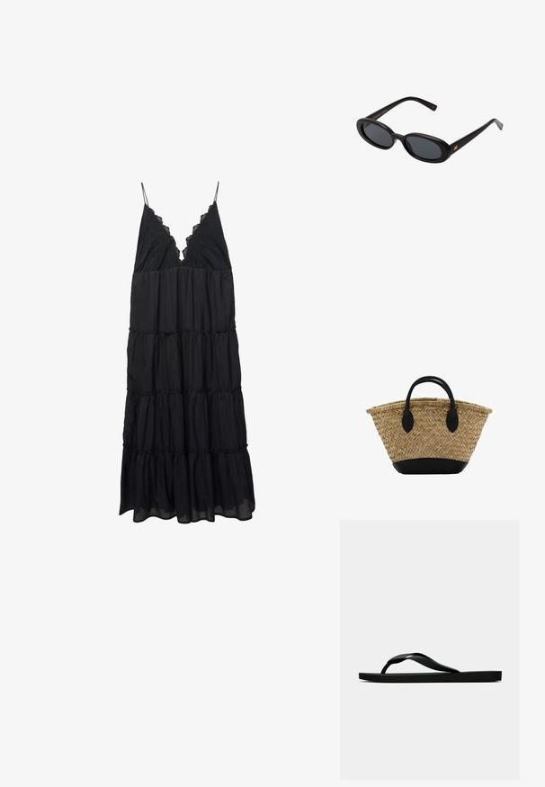 Črna slojevita obleka iz lahkega materiala, ki ima V-izrez z čipkastim robom in tanke naramnice. Lahkotna, z plastmi volančkov na robu.; Črne gumijaste japonke s teksturirano thong naramnico in preprostim ravnim podplatom, prikazane s strani na enobarvni svetli podlagi.; Črne oversize sončne očala z ovalnimi lečami, gladkim plastičnim okvirjem in zlatenimi detajli na templjih. Temne leče zagotavljajo zaščito pred soncem.; Tkana košara iz slame sraslim oblikom, z črnim usnjenim dnom in ročaji. Teksturedne naravne vlaknine z gladkimi črnimi detajli.