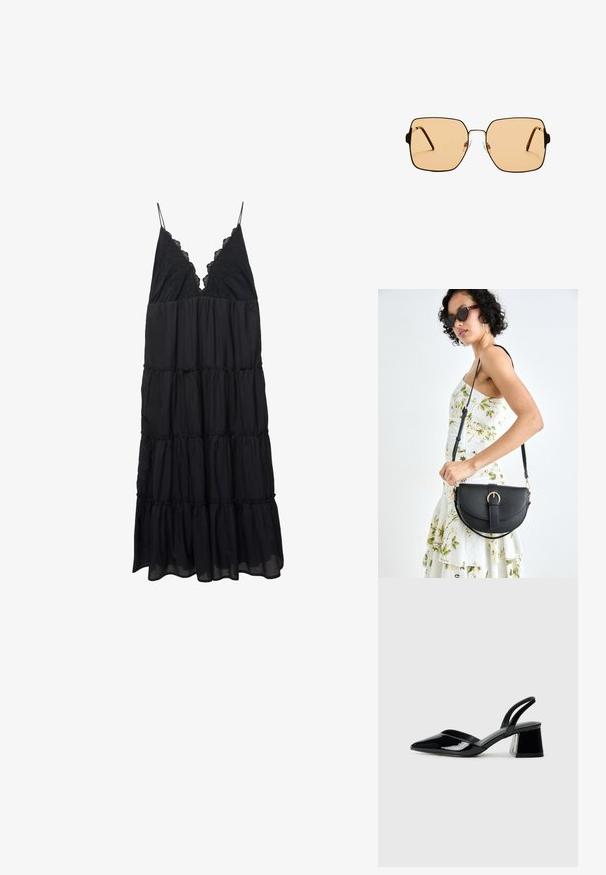 Černé šaty ve vrstveném stylu vyrobené z lehkého materiálu, s krajkovým výstřihem do V a tenkými ramínky. Volné s vrstvenými volány na lemu.; Černé lakované kožené lodičky na pásku s špičatou špičkou a geometrickým blokovým podpatkem. Vyznačují se elegantním, minimalistickým designem a hladkým povrchem.; Čtvercové sluneční brýle s hnědými skly a tenkým černým kovovým rámem. Mají šikmé stranice a nastavitelná nosní polštářky pro pohodlí.; Černá kožená kabelka s křivkovým tvarem, odnímatelným popruhem a zlatými detaily. Kabelka má klopu s přezkou.