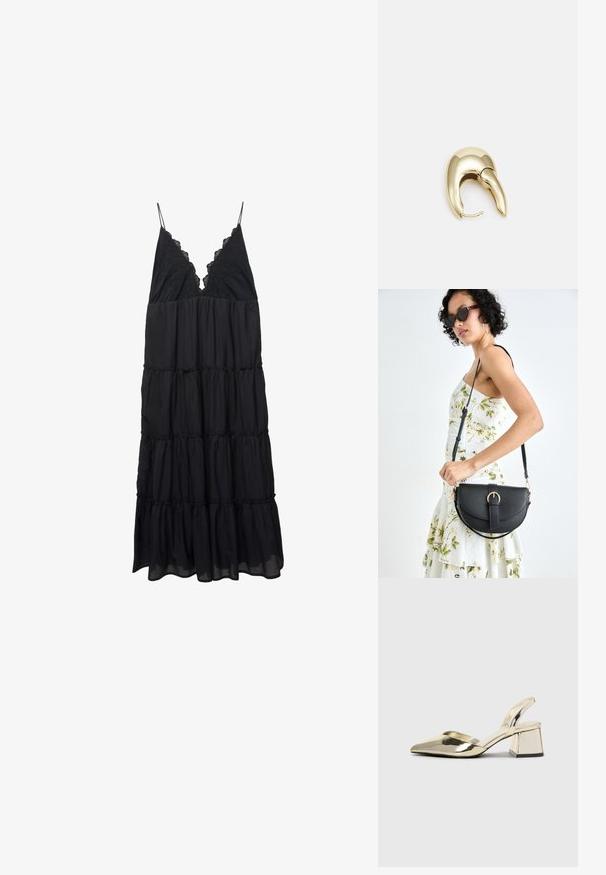 Schwarzes, gestuftes Kleid aus leichtem Stoff, mit einem V-Ausschnitt und dünnen Trägern, die mit Spitze verziert sind. Fließend mit geschichteten Rüschen am Saum.; Goldene, metallische Slingback-Absätze mit spitzem Zeh und dicker Ferse. Glatte Textur, minimalistisches Design und ein schmaler Riemen.; Schwarze Lederhandtasche mit geschwungener Form, abnehmbarem Tragegurt und goldenen Beschlägen. Die Tasche verfügt über einen Deckel mit einer Schnallen-Details.; Ohrringe aus goldfarbenem Metall mit einem schlanken, geschwungenen Design. Sie verfügen über eine markante, spitze Form, eine polierte Oberfläche und einen Scharnierverschluss.