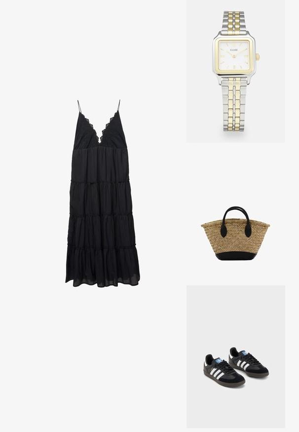 Zwarte, gelaagde jurk van lichtgewicht stof, met een V-hals afgewerkt met kant en dunne bandjes. Vloeiend met gelaagde ruffles aan de zoom.; Zwarte sneakers met een bovenwerk van suède en synthetisch materiaal, voorzien van drie witte strepen, een gestructureerde rubberen zool en een blauw logo-label op de tong.; Geweven rieten mand met een uitlopende vorm, met een zwarte leren basis en handvatten. Geverfde natuurlijke vezels met gladde zwarte accenten.; Vierkante Cluse-horloge met een witte wijzerplaat, gouden en zilveren accenten, en een bimetalen band met afwisselend gouden en zilveren schakels.