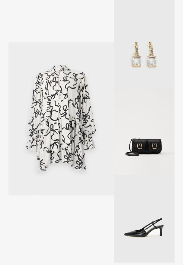Bílá blůza s černým abstraktním vzorem stuh, dlouhé rukávy s elastickými manžetami, zapínání na knoflíky a volný, vrstvený design.; Černé lakované slingback podpatky s špičatou špičkou, zdobené texturovaným hadím vzorem, nastavovacím páskem a krátkým texturovaným blokovým podpatkem.; Černá kožená crossbody taška se dvěma předními kapsami, zlatými přezkami, zipovým uzávěrem a štíhlým popruhem. Texturovaný povrch a kompaktní obdélníkový tvar.; Náušnice ve zlatém odstínu s obdélníkovým, průhledným krystalem zavěšeným pod řadou malých, kulatých průhledných akcentů. Elegantní, moderní design.