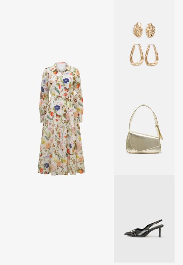 Langermet skjortekjole med krage og midjebånd, med et flerfarget blomstermønster og sommerfugler på hvit bakgrunn.; Sorte patentlær slingback-sko med spiss tå, ankelremmer med sølvspenner og detaljer, og en slank hæl.; Gullfarget metallisk håndveske med en strukturert design, glatt tekstur og justerbar stropp. Har en unik trekantet form og minimalistisk søm.; Gullfargede øredobber med teksturerte, bølgete former. Inkluderer skulpturelle klipsstuds og åpen hoop-design med en hamret finish.