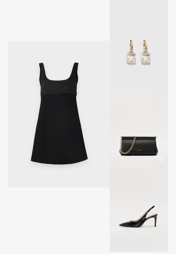 Crna haljina s kvadratnim izrezom, s pripijenim gornjim dijelom i A-linijom. Izrađena od glatkog materijala, s elegantnim, minimalističkim dizajnom.; Crne lakirane slingback cipele s oštrim vrhom, uskim potpeticama i suptilnim izrezom. Sadrže zlatnu kopču na traku.; Crna kožna torbica sa zlatnim lančićem, koja se odlikuje glatkom teksturom, pravokutnim oblikom i utisnutim brendom na prednjoj strani.; Zlatne naušnice s pravokutnim, prozirnim kristalom koji visi ispod niza malih, okruglih prozirnih akcenata. Elegantni, moderni dizajn.