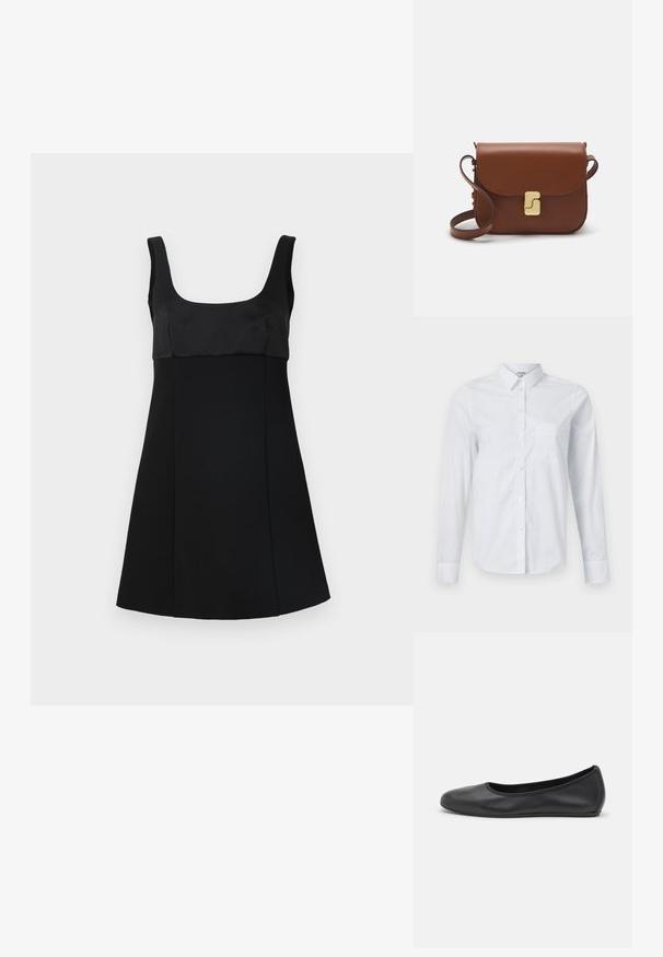 Mustapuku, jossa on neliönmuotoinen kaula-aukko, varustettu istuvalla yläosalla ja A-linjaisella siluetilla. Valmistettu sileästä kankaasta, jossa on tyylikäs, minimalistinen muotoilu.; Valkoinen pitkähihaista paitakankaan tehtyä puuvillaa. Ominaisuuksiin kuuluu nappitasku edessä, terävä kaulus ja vasemmalla puolella rintatasku.; Musta nahkainen ballerina, jossa on pyöristetty kärki, sileä pinta, minimaalinen ommelkoristelu ja joustava pohjamuotoilu.; Ruskea nahkainen käsilaukku, jossa on läppäkiinnitys, kultasävyiset yksityiskohdat, olkahihna ja sileä pinta. Kompaktin suorakaiteen muotoinen.