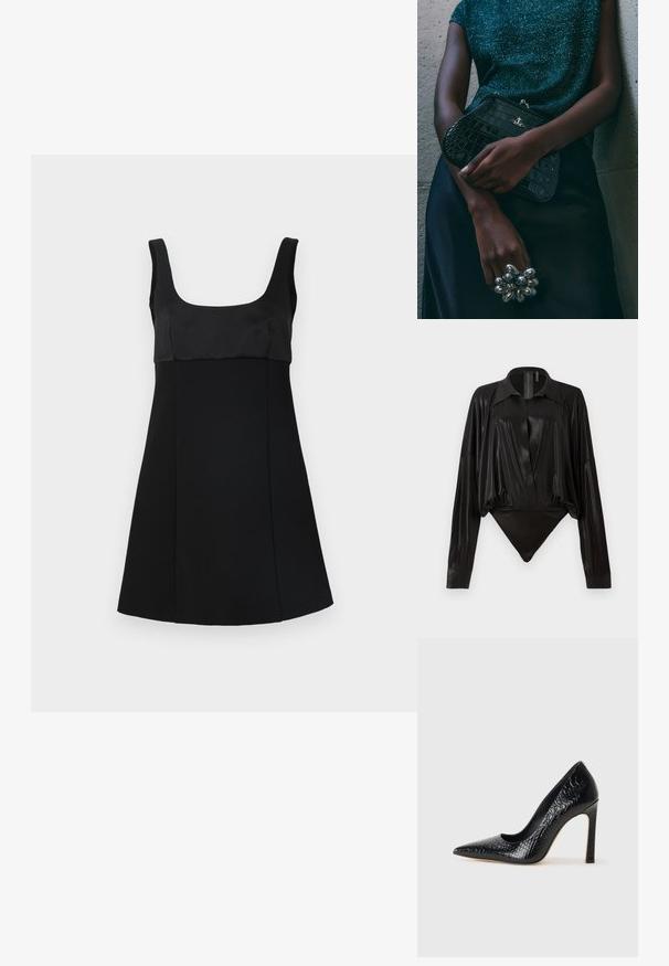 Melnas kleitas ar kvadrātveida izgriezumu, ar pieguļošu augšdaļu un A-formas siluetu. Izgatavota no gludas auduma, ar elegantu, minimālistisku dizainu.; Melnā bodijakā ar garām piedurknēm, V-veida kaklu un pieguļošu siluetu. Izgatavots no spīdīga, gluda auduma ar strukturētu apkakli un aprocēm.; Melni augstpapēžu apavi ar norādītu purngalu, ar krokodila ādas tekstūru, izceļoties ar elegantu dizainu, augstu stiletto papēdi un gludu melnu interjeru.; Melna krokodilā ādas raksta rokassoma ar sudraba detaļām, turēta pretī tekstūrētai pelēkai fona. Iespējo spīdīgu virsmu.