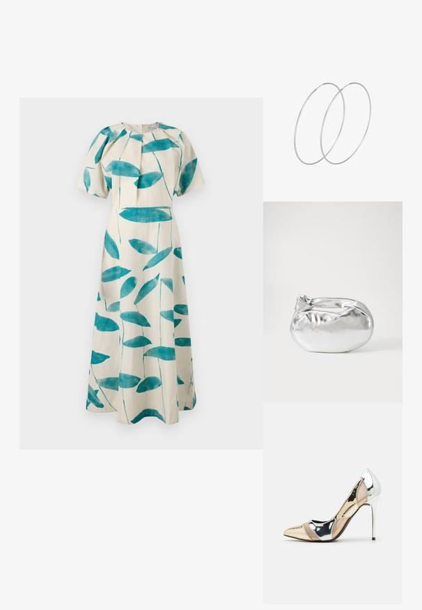 Lengvas, bežinis suknelė su mėlynomis lapų atspaudais. Yra trumpi pūsti rankovės, plišyta kaklo linija ir laisvas siluetas. Minimalistinis dizainas.; Aštrus pirštas aukštakulnis batelis su sidabro, aukso ir nuogų spalvų deriniu. Blizgus paviršius su išpjovos dizainu, su stiletto kulnu.; Sidabrinė metalinė maišelio forma su švelnia, apvalia forma ir mazgu užveriamu viršumi. Pagaminta iš lygios dirbtinės odos medžiagos.; Sidabrinės pusmėnulio auskarai minimalistiniu dizainu. Apskritimo forma, lygus paviršius ir plonas profilis. Lengvi su poliruotu apdailu.