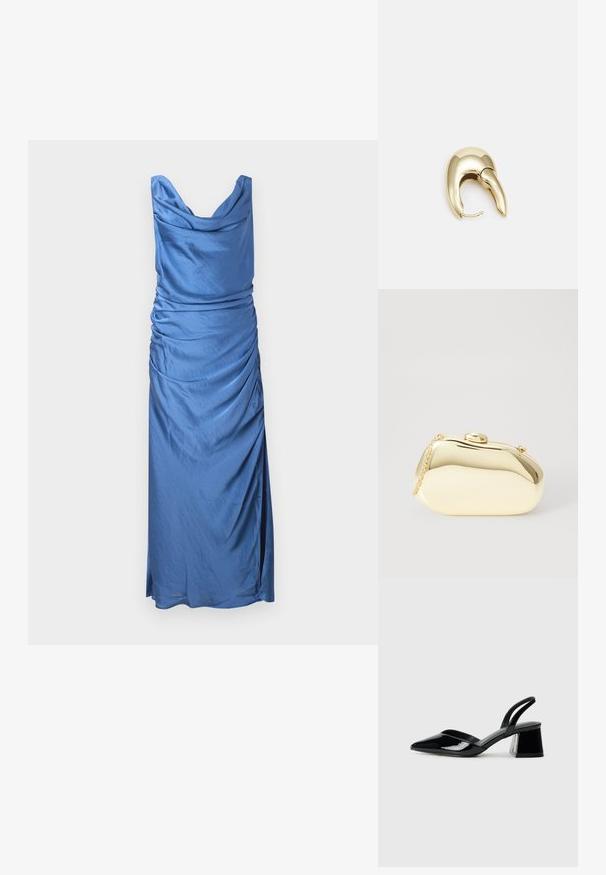 Rochie albastră din satin, cu decolteu în formă de cowl și plissare pe laterale. Are o siluetă ajustată și o lungime medie, cu o ușoară fanta.; Pantofi cu toc slingback din piele lacuită neagră, cu vârf ascuțit și toc geometric. Prezintă un design elegant, minimalist și o textură netedă.; Clutch metalizat de culoare aurie, cu o formă netedă și rotundă, având un închizător tip buton în partea de sus și o curea mică pentru purtare.; Cercei din metal de culoare aurie cu un design elegant și curbat. Prezintă o formă distinctivă, ascuțită, o suprafață lustruită și un sistem de închidere cu balama.