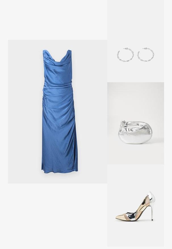 Satin kleid in Blau mit schulterfreiem Ausschnitt und seitlichem Raffung. Hat eine figurbetonte Silhouette und einen mittellangen Saum mit einem leichten Schlitz.; Spitz zulaufender High-Heel-Schuh in einer Farbgestaltung aus Silber, Gold und Nude. Glänzende Oberfläche mit Ausschnittdesign und stiletto Absatz.; Silberne metallic Pouch-Tasche mit einer sanften, abgerundeten Form und einem geknoteten Verschluss oben. Hergestellt aus glattem Kunstleder.; Silberne Creolen mit gedrehter Gestaltung, ausgestattet mit einer polierten Oberfläche und einer Steckverschluss. Sie haben einen Durchmesser von ca. 3 cm.