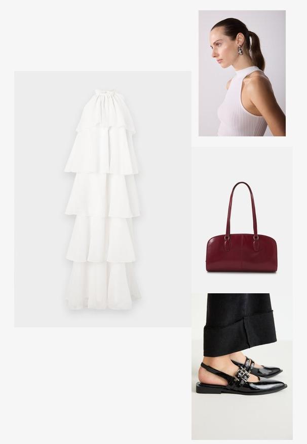 Rochie albă în straturi, realizată dintr-un material ușor. Aceasta are un decolteu halter și mai multe straturi volăntate, creând o siluetă fluidă.; RAID DINKY - Balerini cu barete - black; Zign LEATHER - Geantă de mână - dark red; Cercei din argint în formă de lacrimă cu accente rotunjite, purtați de un model îmbrăcat într-un top fără mâneci, alb, cu textură netedă.
