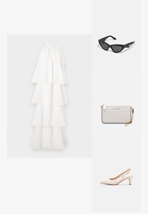 Rochie albă în straturi, realizată dintr-un material ușor. Aceasta are un decolteu halter și mai multe straturi volăntate, creând o siluetă fluidă.; Sandaie cu toc alb, cu vârful ascuțit, material superior neted, toc mic tip bloc și design cu decupaj lateral, cu curea ajustabilă.; Ochelari de soare tip cat-eye cu un cadru din plastic mat de culoare neagră, lentile întunecate și un accent de logo aurit pe tâmple. Design unghiular și textură netedă.; Clutch Michael Kors din canva acoperit bej, cu un model repetitiv al logo-ului MK, accesorii din aur și o curea cu lanț detașabil.